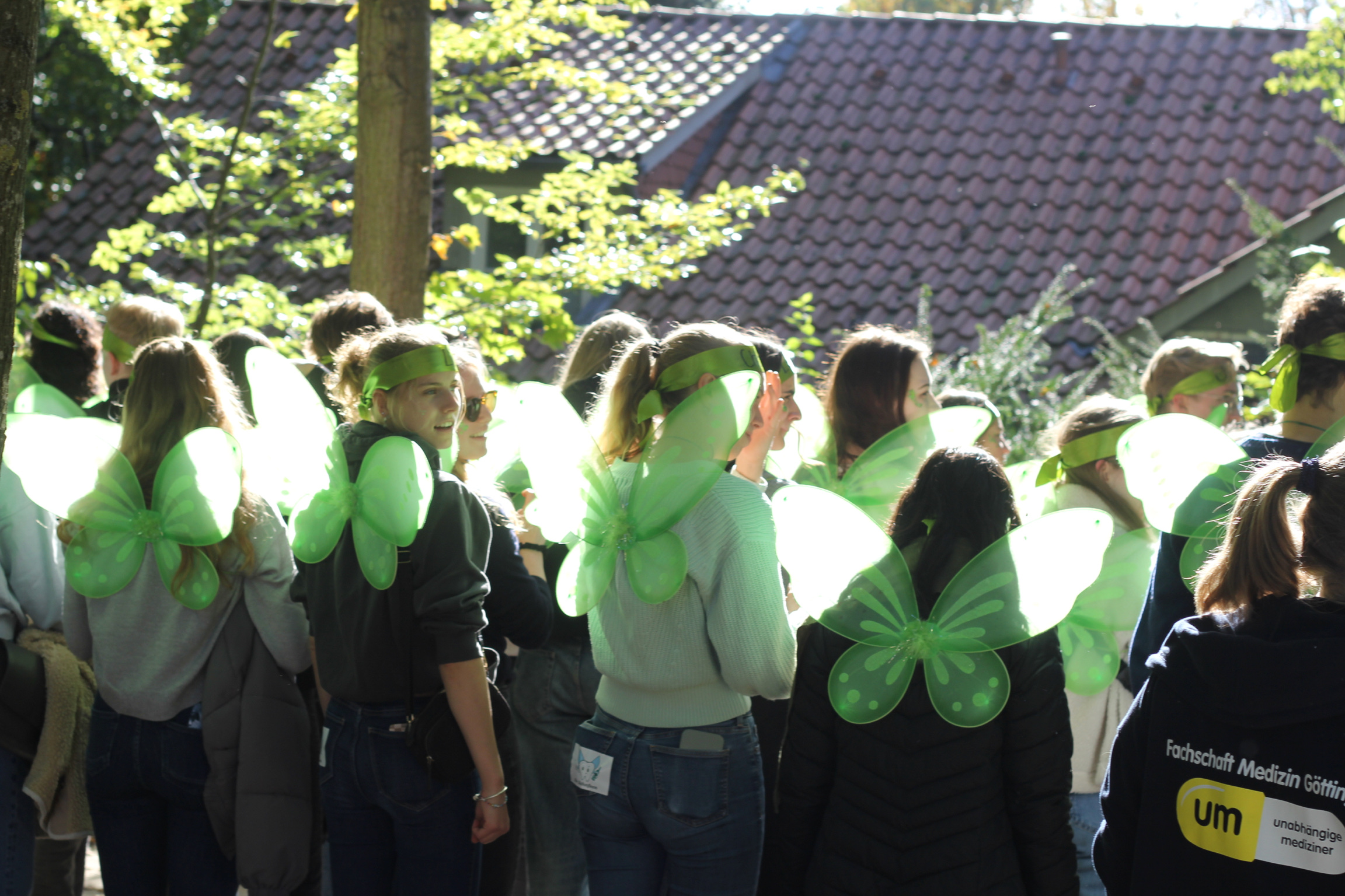 Die Zahnfeen mit den traditionellen grünen Flügeln und Stirnbändern erkunden gemeinsam Göttingen. Foto: privat